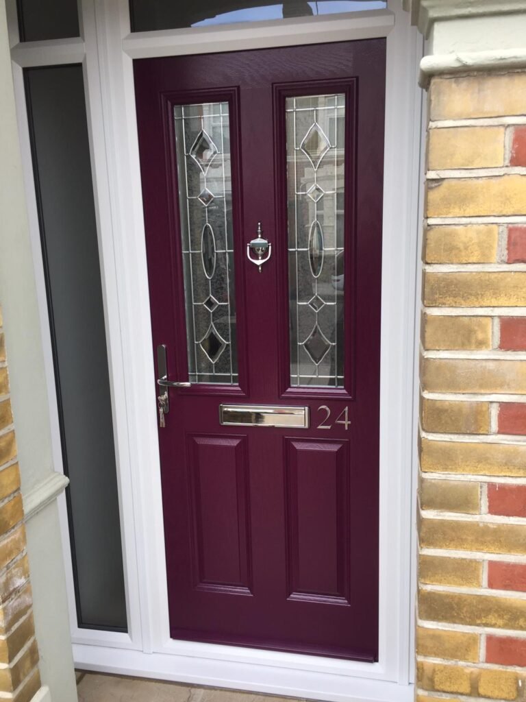 a front door painted in a bespoke RAL purple colour