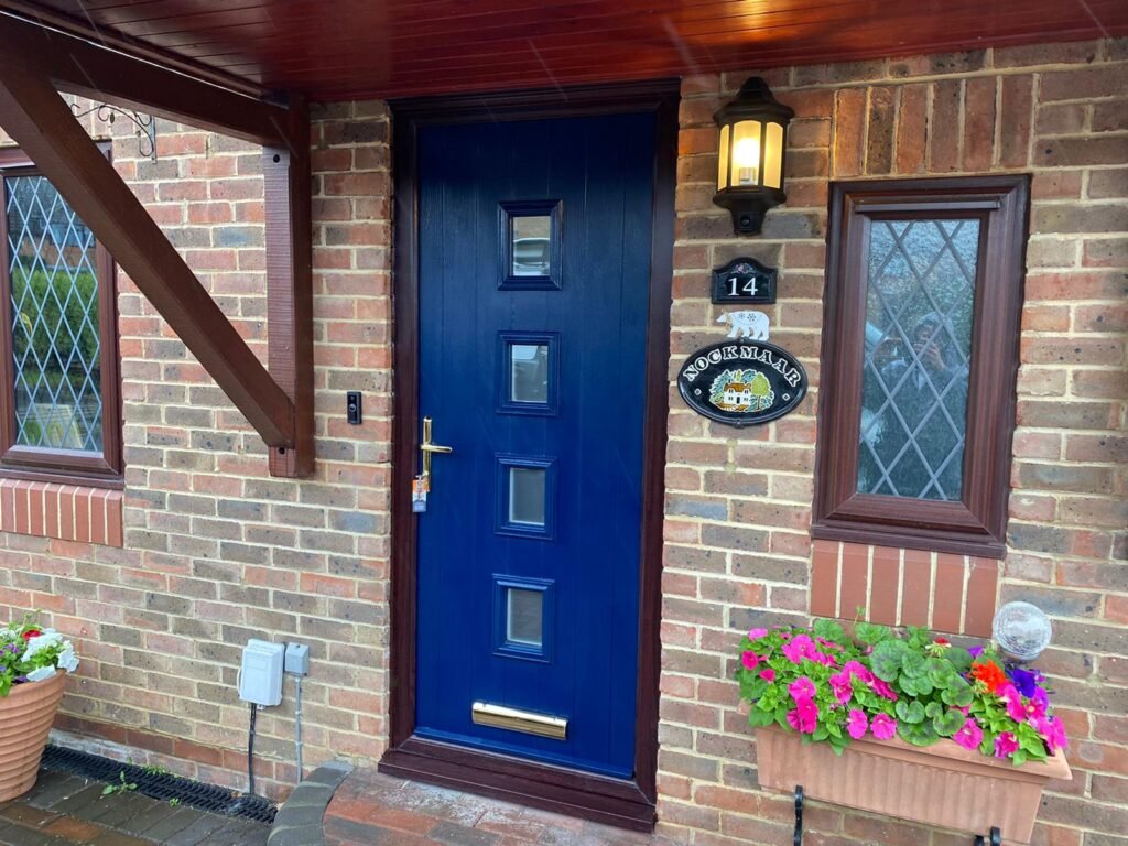 blue 4 square composite door with rosewood frames 