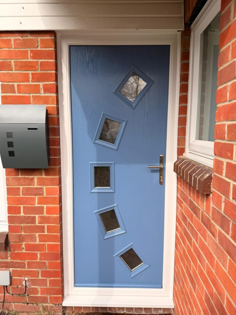 pigeon blue composite door installed in Stubbington with chrome hardware