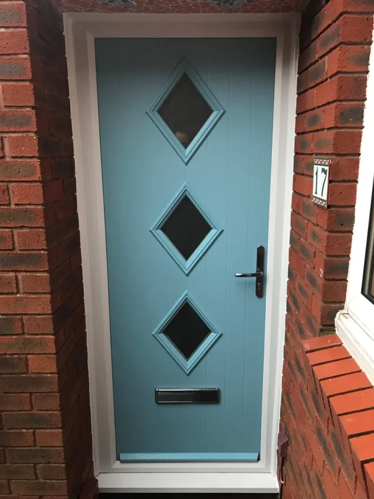 duck egg blue composite door blursledon cottage style with three glass diamonds